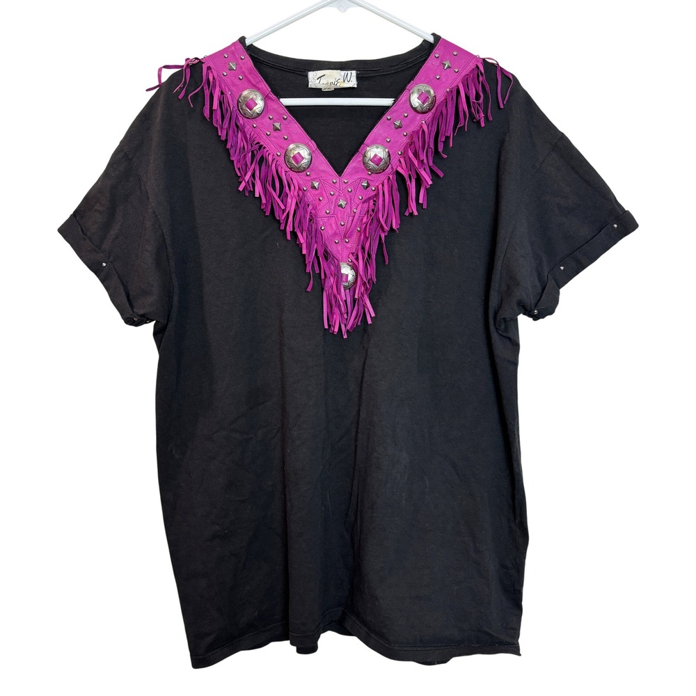80s Western Black Pink Faux Leather Fringe XL Rodeo Cowgirl Nashville Shirt VNTG